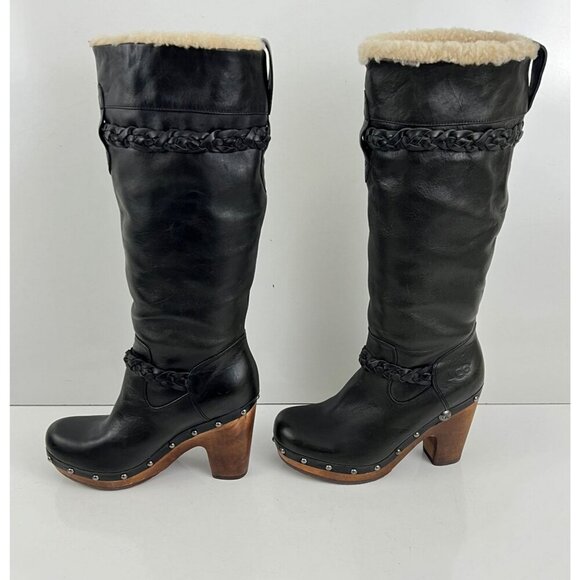 Ugg Savanna Clog Boots Women's Black Leather Knee High Size 6  Sheepskin Lined - Picture 4 of 16